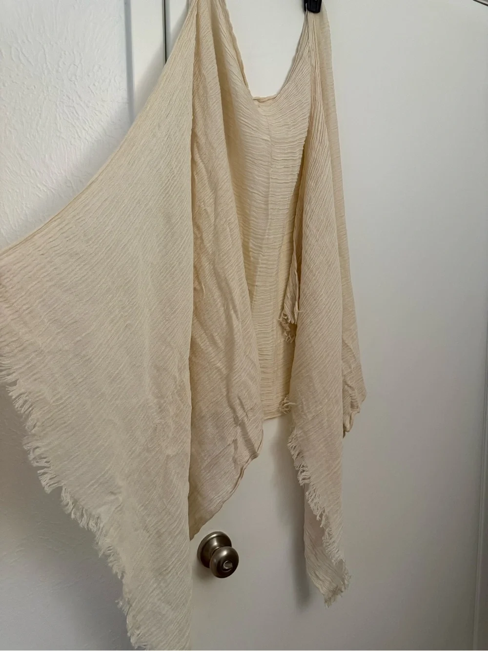 Ivory Cream Crinkle Gauze Oversized Shawl Wrap Fringe Boho